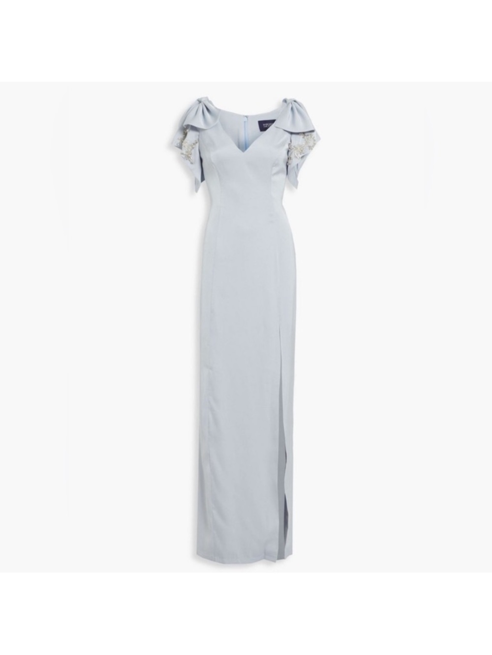 Marchesa Notte Powder Blue Maxi Gown with Bow Shoulder Detail NWT